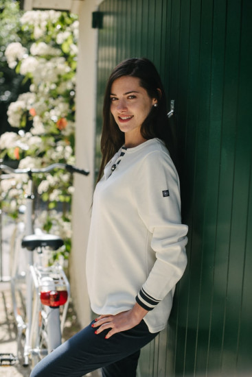 sweat col rond bouton écru pour femme